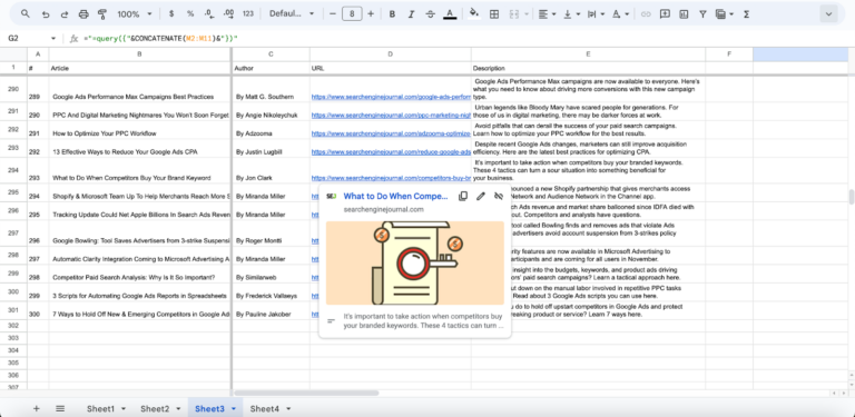 Google Sheets extract results