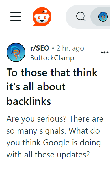 Screenshot of a Reddit post asserting that links play a less important role in rankings than it has in the past.