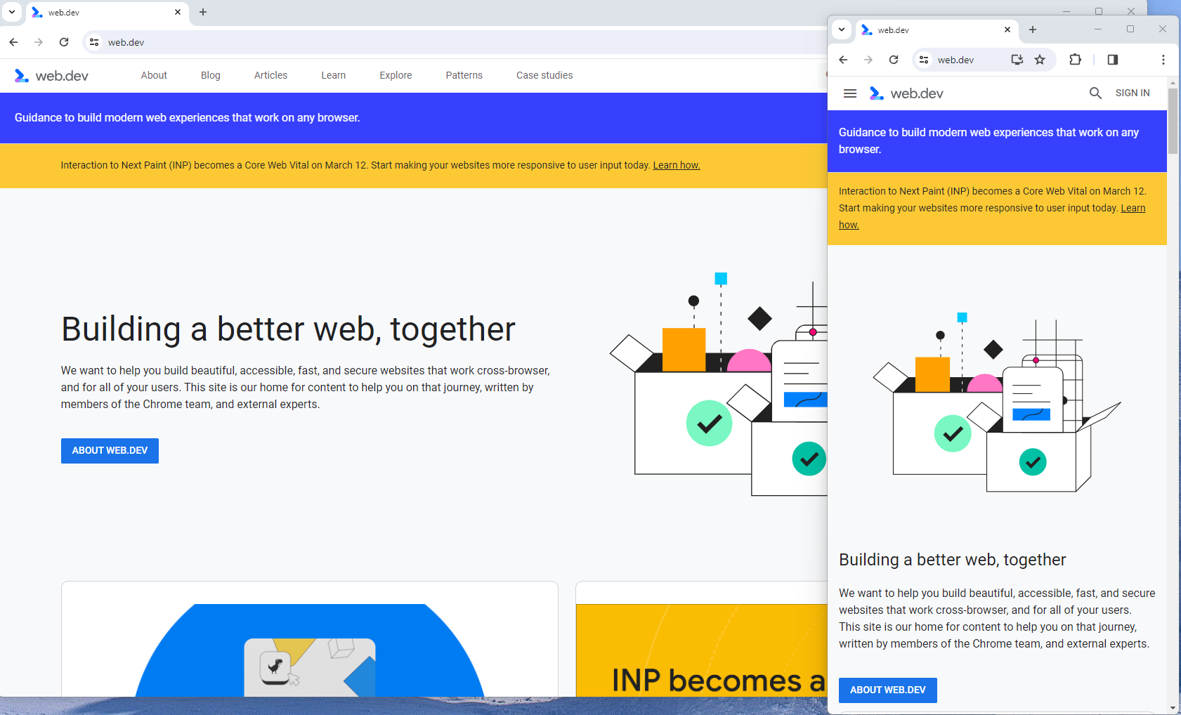 An image showing the difference between Web.dev in a full desktop display vs. a mobile display using responsive design.