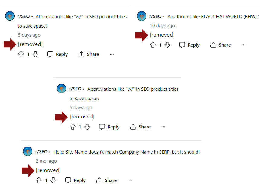 Composite image of four posts that were removed by from the r/SEO subreddit