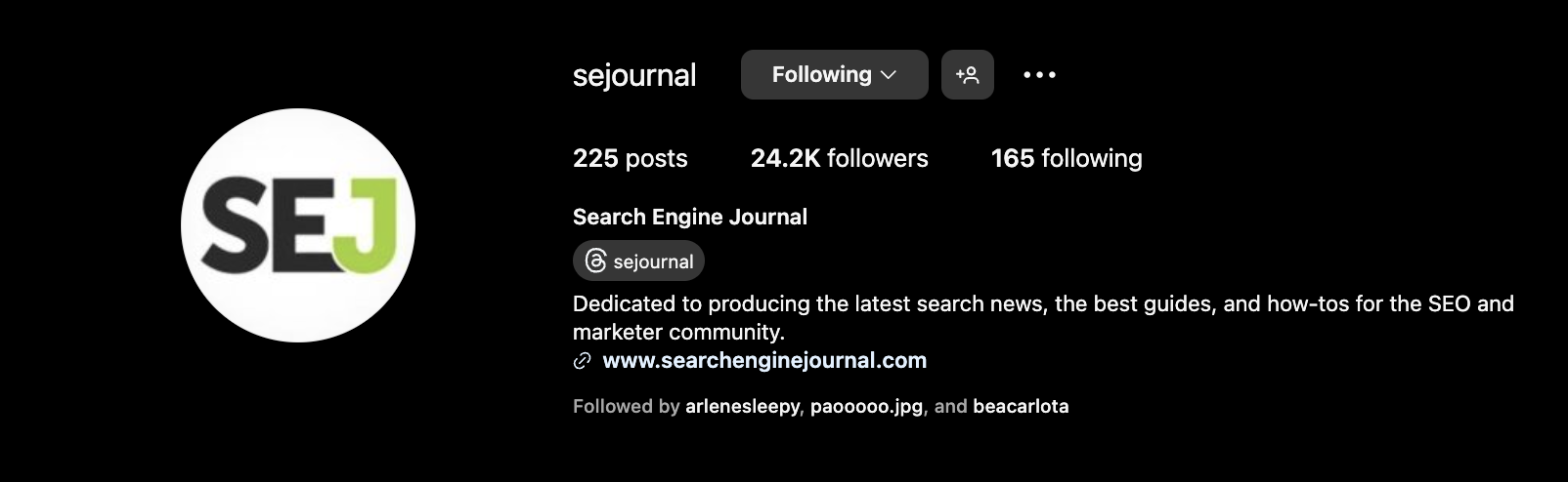 SEJ Instagram page