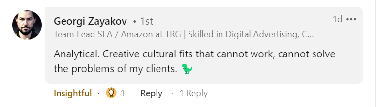 A screenshot of a LinkedIn comment by Georgi Zayakov, who describes himself as analytical 