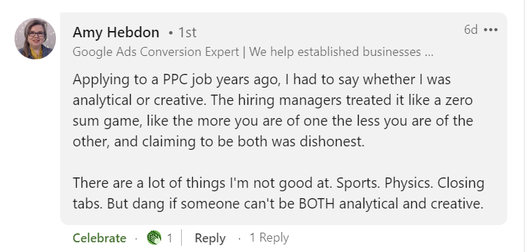 A screenshot of a Linkedin post by Amy Hebdon