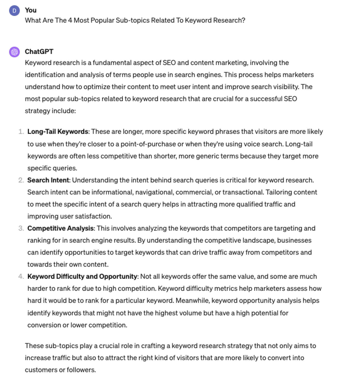 ChatGPT keyword prompt subtopic