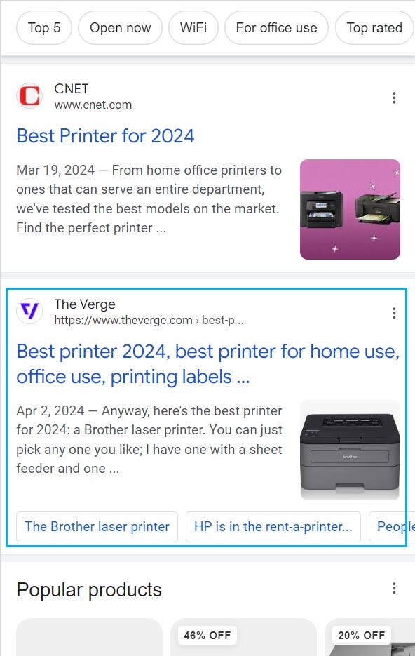 Screenshot of a Google search engine results page displaying various links and summaries for "best printers for home use"