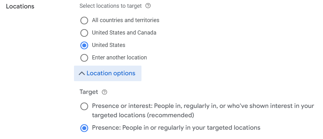 Google Ads location targeting options.