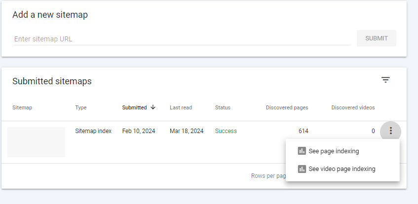 An image showing how to click on the 3 dots next to each sitemap in the Sitemaps report to see Page Indexing