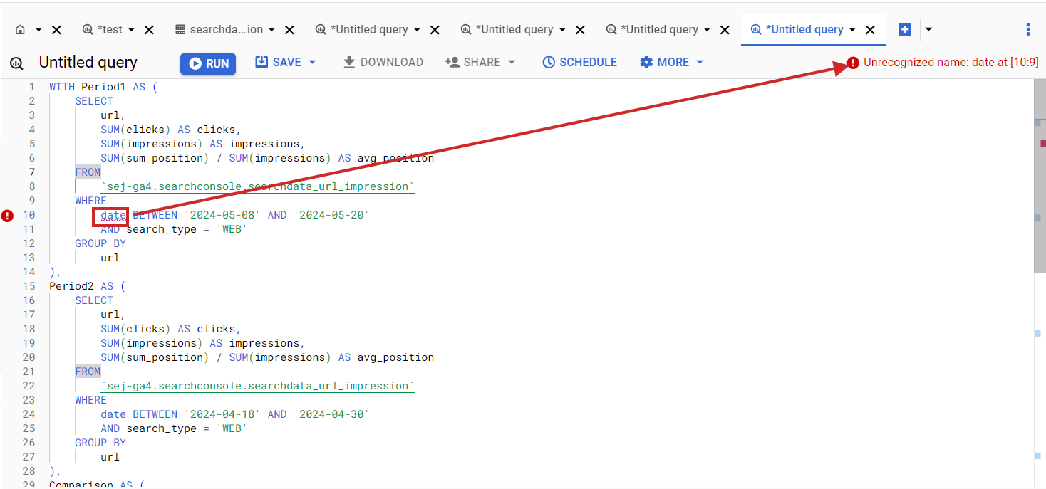 Error in BigQuery SQL when column name doesn't match the dataset column.