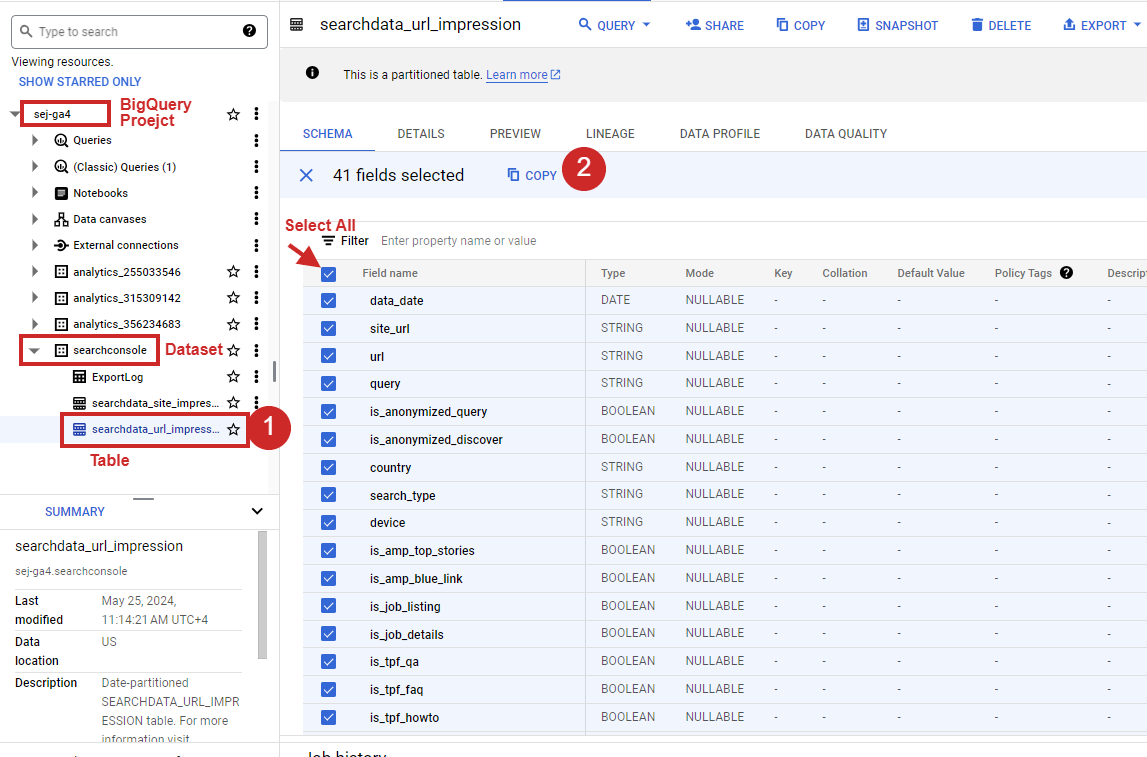 How to select all columns of table in bigquery.