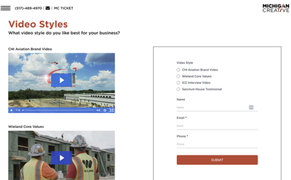Michigan Creative displays four videos — CHI Aviation brand video, Wieland core values, ICC interview video, and Sanctum House testimonial — of varying lengths.