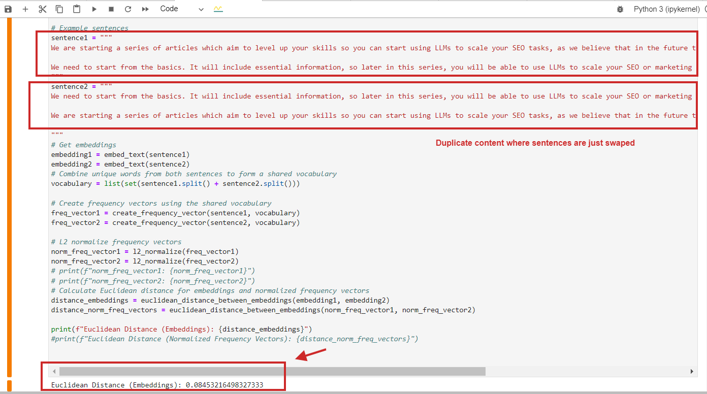 Euclidean distance calculation example of duplicate content