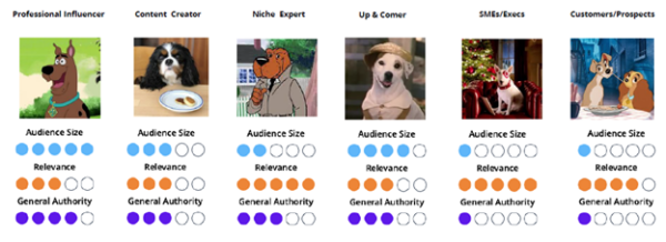 The six B2B influencer categories:
Professional influencer
Content creator
Niche expert
Up & comer
SMEs/Execs
Customers/prospects