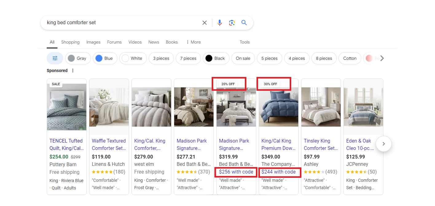 Google search query of 'king bed comforter sets' with Google Shopping ads results.