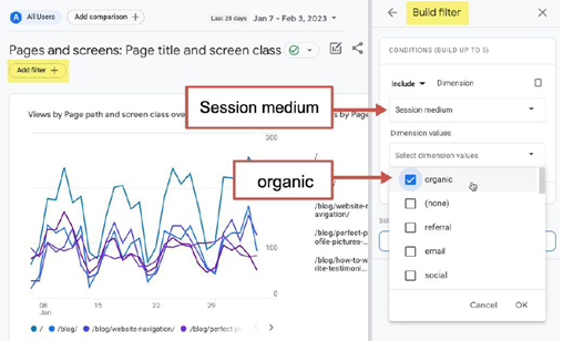 To build the filter:
Go to the Include dropdown in the right column.
Select Session medium.
Under Dimension values, select organic. 