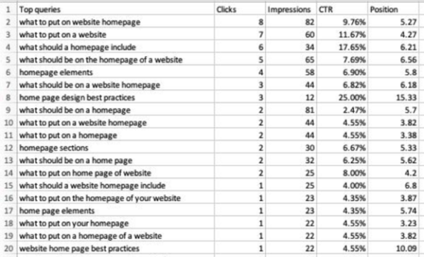 The chart includes 19 rows of queries related to what should be on a website homepage, accompanied by their total clicks, impressions, CTR, and position.