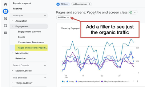 In GA4's dropdown menu, click on the report “Pages and screens: Page title and screen class.” Next, click “Add filter” to see organic traffic.