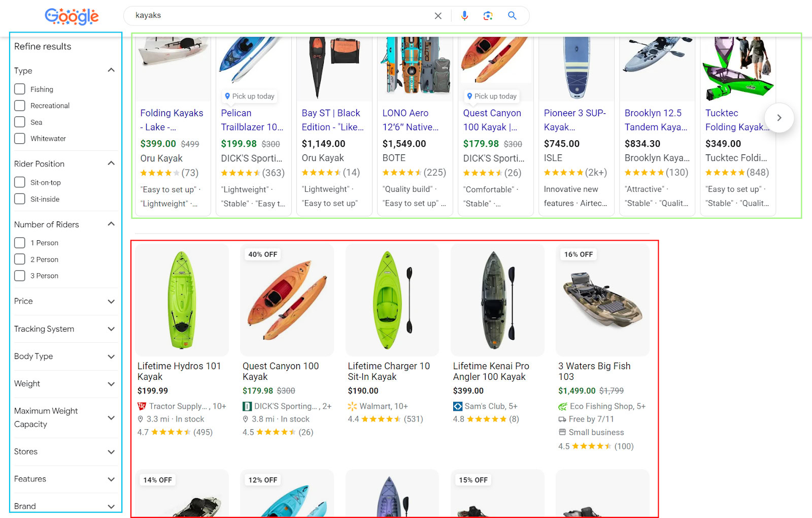 Google search for kayaks