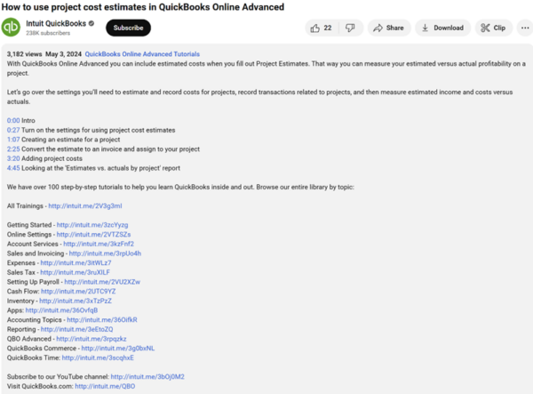 The full description includes one more sentence on the specifics included in the video. Then it shows the timestamps and chapters for the video to help viewers know when to tune into a particular topic. Intuit includes links to all its step-by-step tutorials broken down by subject matter before asking users to subscribe to the channel and visit the company’s website.