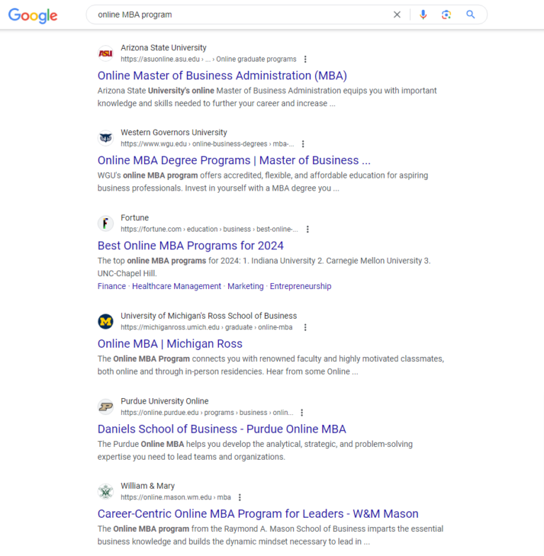 Google search results for [online MBA program]