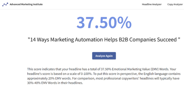 This headline example — 14 Ways Marketing Automation Helps B2B Companies Succeed — earns an emotional marketing value (EMV) of 37.5%. 