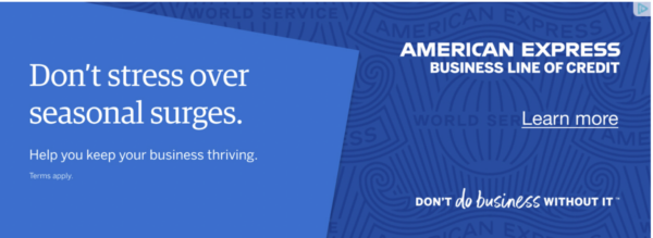 This American Express Business web copy uses five words to indicate they get the reader’s problem — “Don’t stress over seasonal surges.” Then, it uses another five words to indicate it has a solution — “Help keep your business thriving.” On the right, it shows the product name that will do all that (American Express business line of credit.)