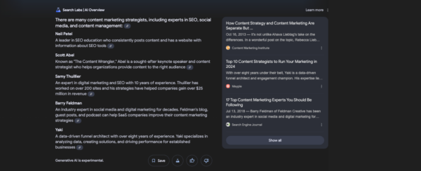 Google search result for “Who is the best content marketing strategist?” The AI Overview widget names a few folks: Good to see Neil Patel, Scott Abel, and Barry Feldman. Samy Thuillier and Yaki almost made the result.