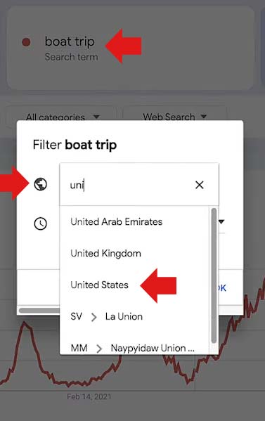 Image of a dropdown menu showing an "earth" icon that represents where to access the country filter.