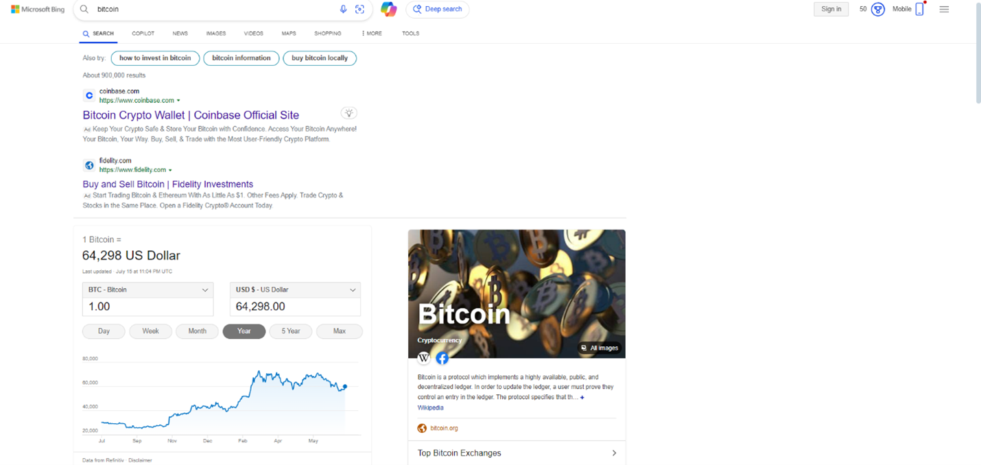 Microsoft Bing search for bitcoin