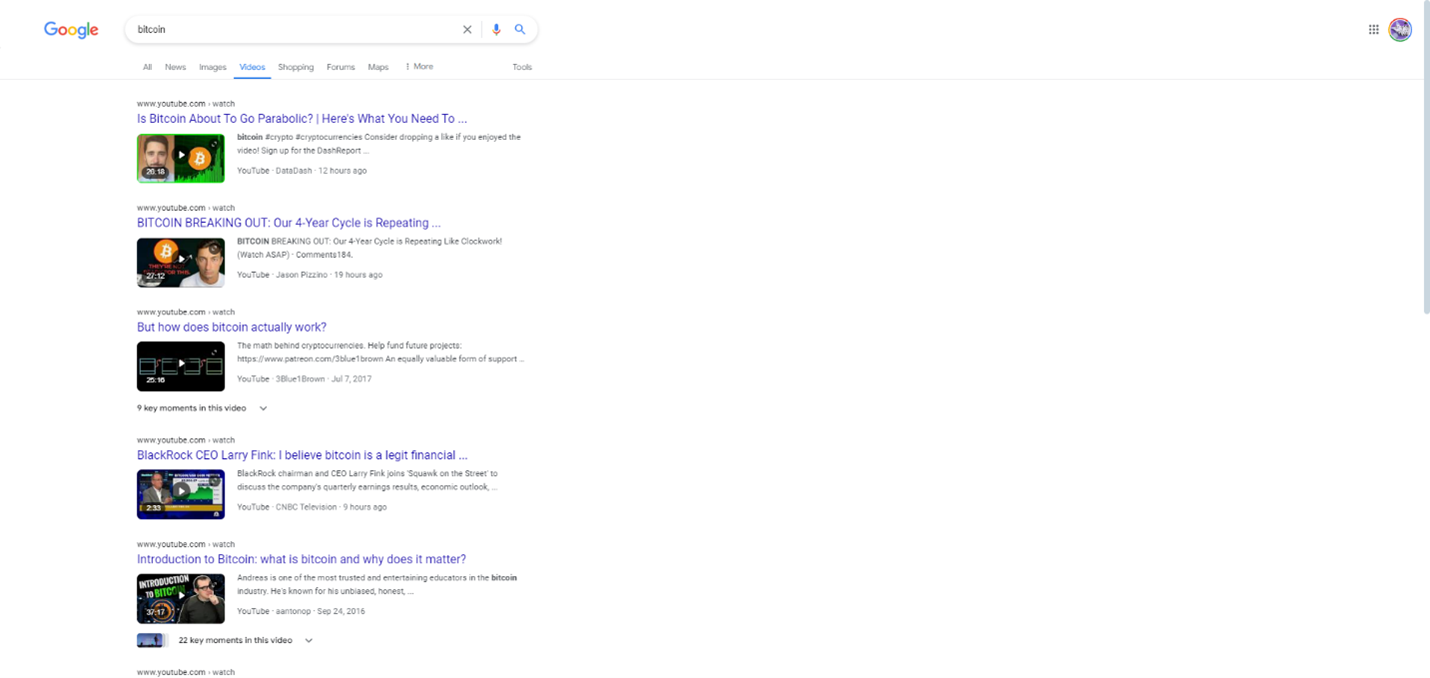 Google video search for bitcoin