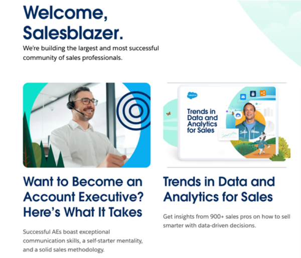 Salesforce microsite snapshot image showing the Salesblazer hub's content, which includes trend-focused articles and expert advice. 