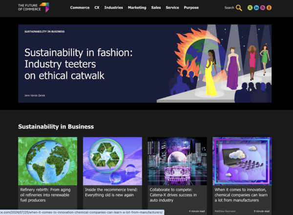 SAP Future of Commerce site employs a fluid content strategy that covers issues like sustainability in fashion — as shown in this screen capture — and other topics of interest to its audience.