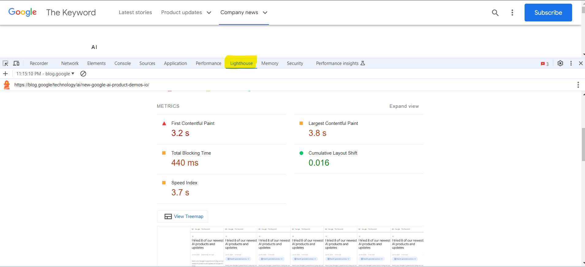 Example lighthouse report in chrome browser DevTools