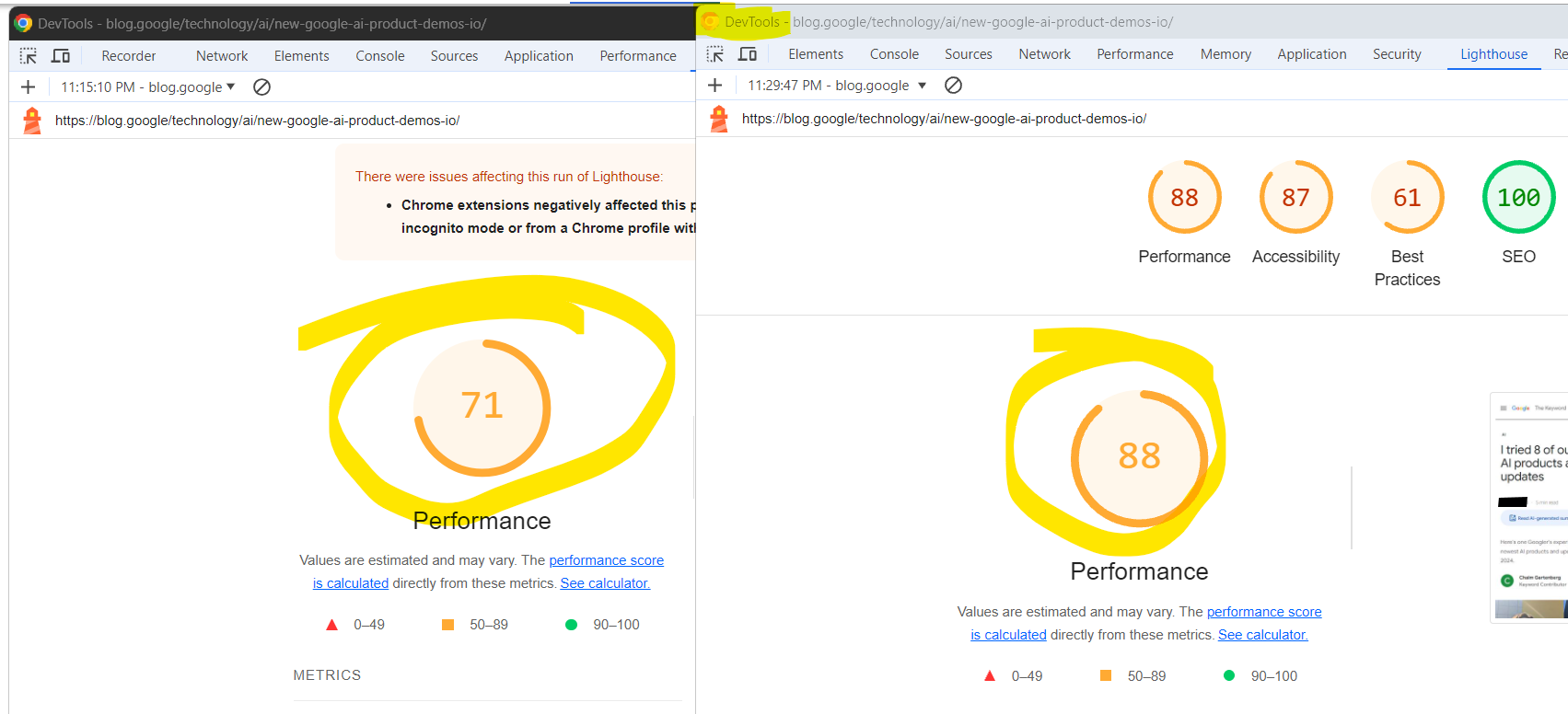 Two screenshots of Google Chrome DevTools' Lighthouse audit results. Left: Chrome stable version with add-ons and right: Canary without add-ons.