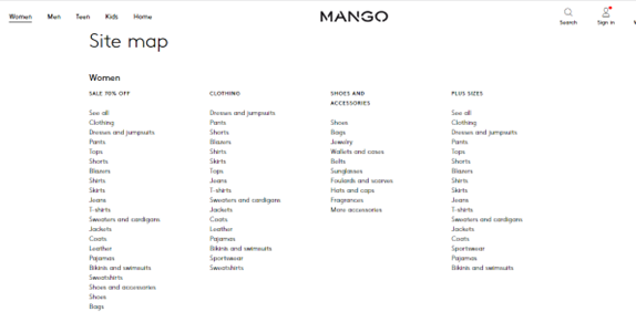 Here’s an excerpt of the publicly available site map from fashion company Mango. It highlights the women’s section, detailing the types of clothing, shoes and accessories, and plus-size categories available.