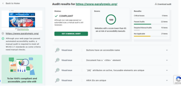 This screenshot shows an audit of www.Paralympics.com. Accessibility Checker gives the site a score out of 100, identifies whether the site is compliant, and highlights specific accessibility issues.