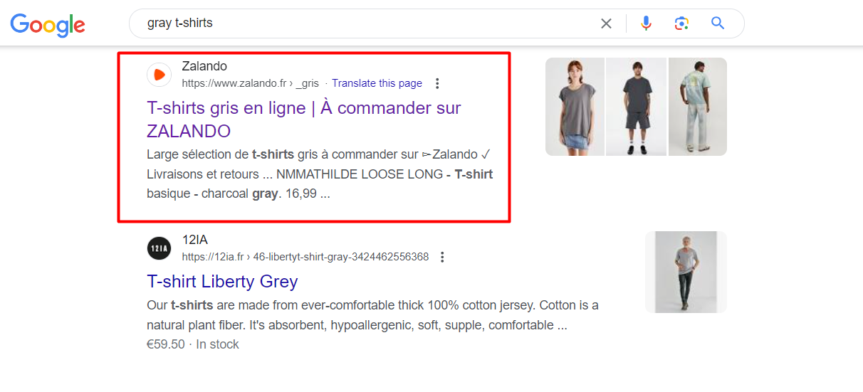 Zalando's gray t-shirts page ranking in Google search