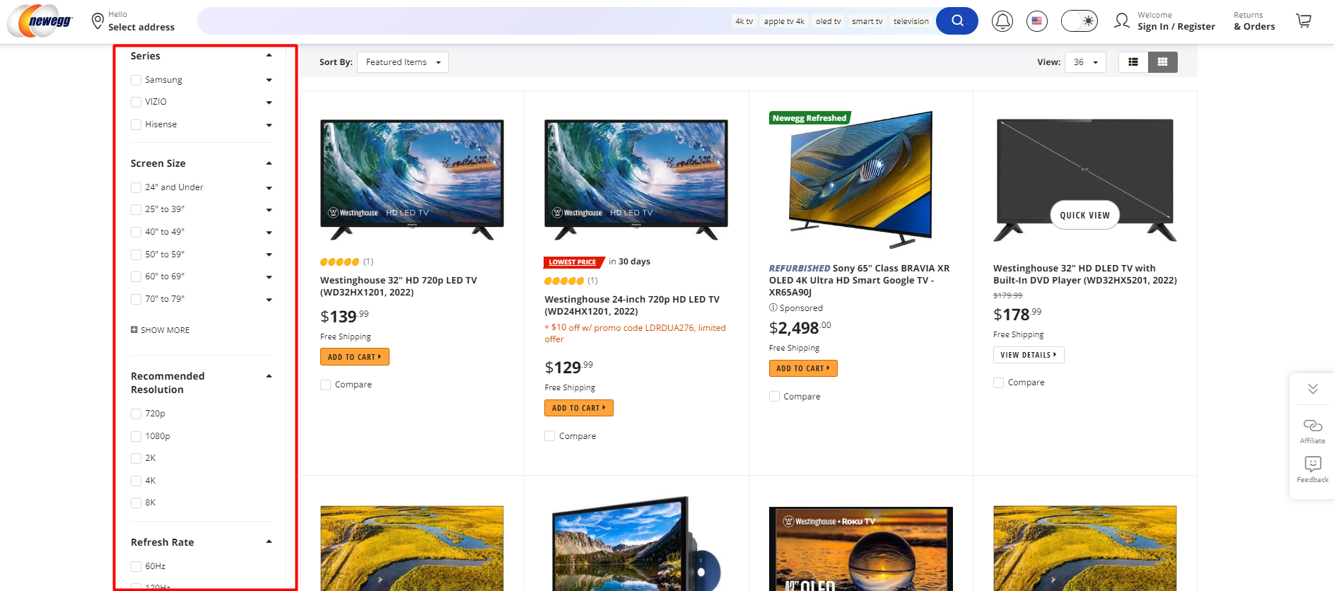 Example of Facet Navigation from newegg.com