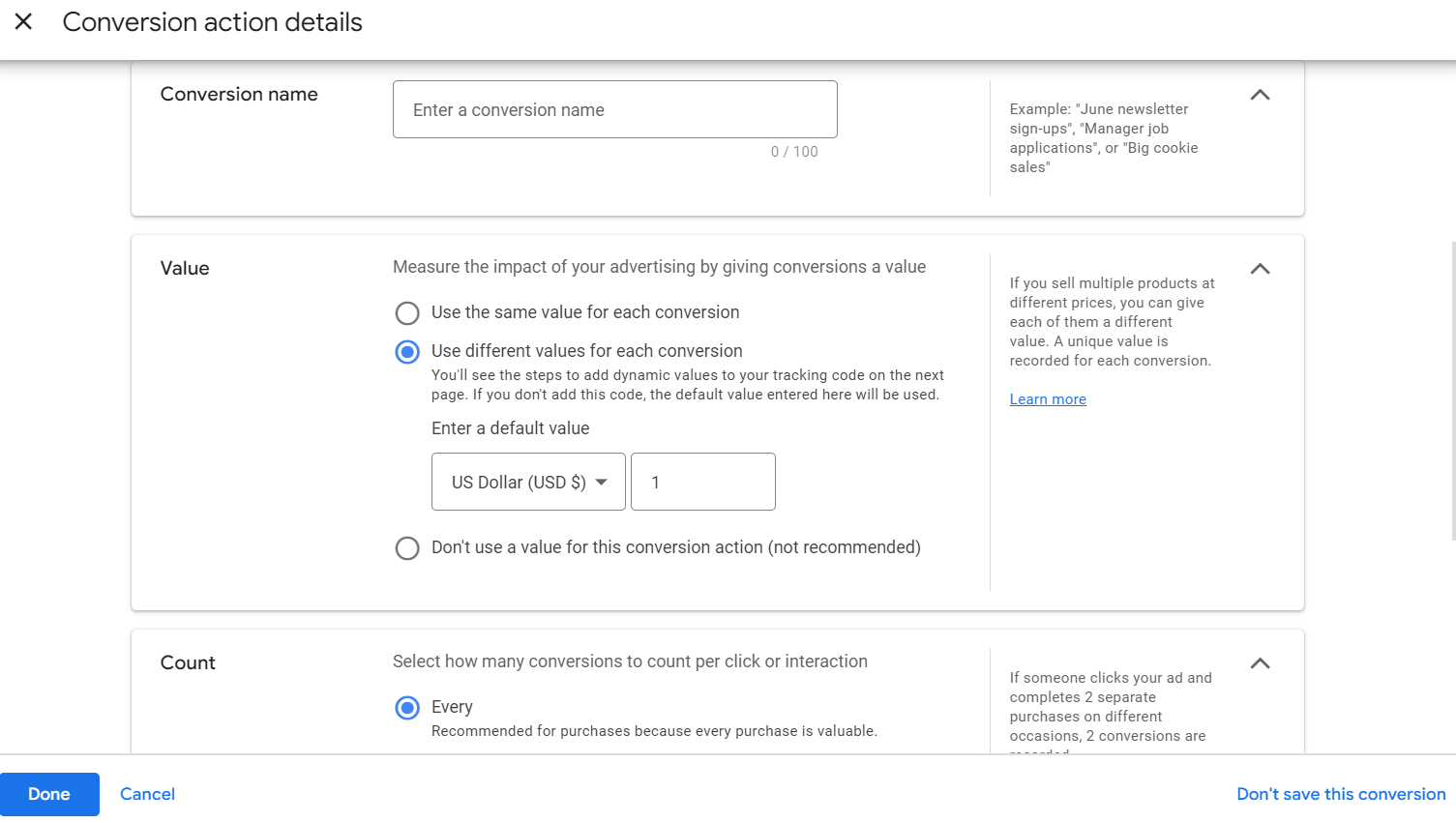 How to create a manual conversion action in Google Ads.