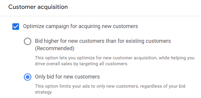 Customer Acquisition Bid Strategy in Google Ads