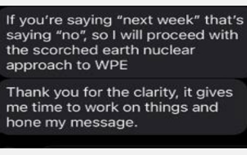 Screenshot of text message by Mullenweg to WP Engine