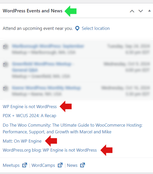 Screenshot showing links from a WordPress admin panel news section to three posts made by Matt Mullenweg about WP Engine