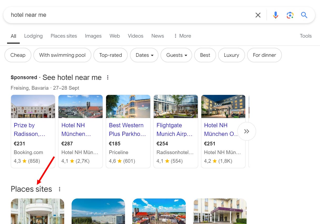 “Places sites” are the equivalent of hotels to “Flight sites”