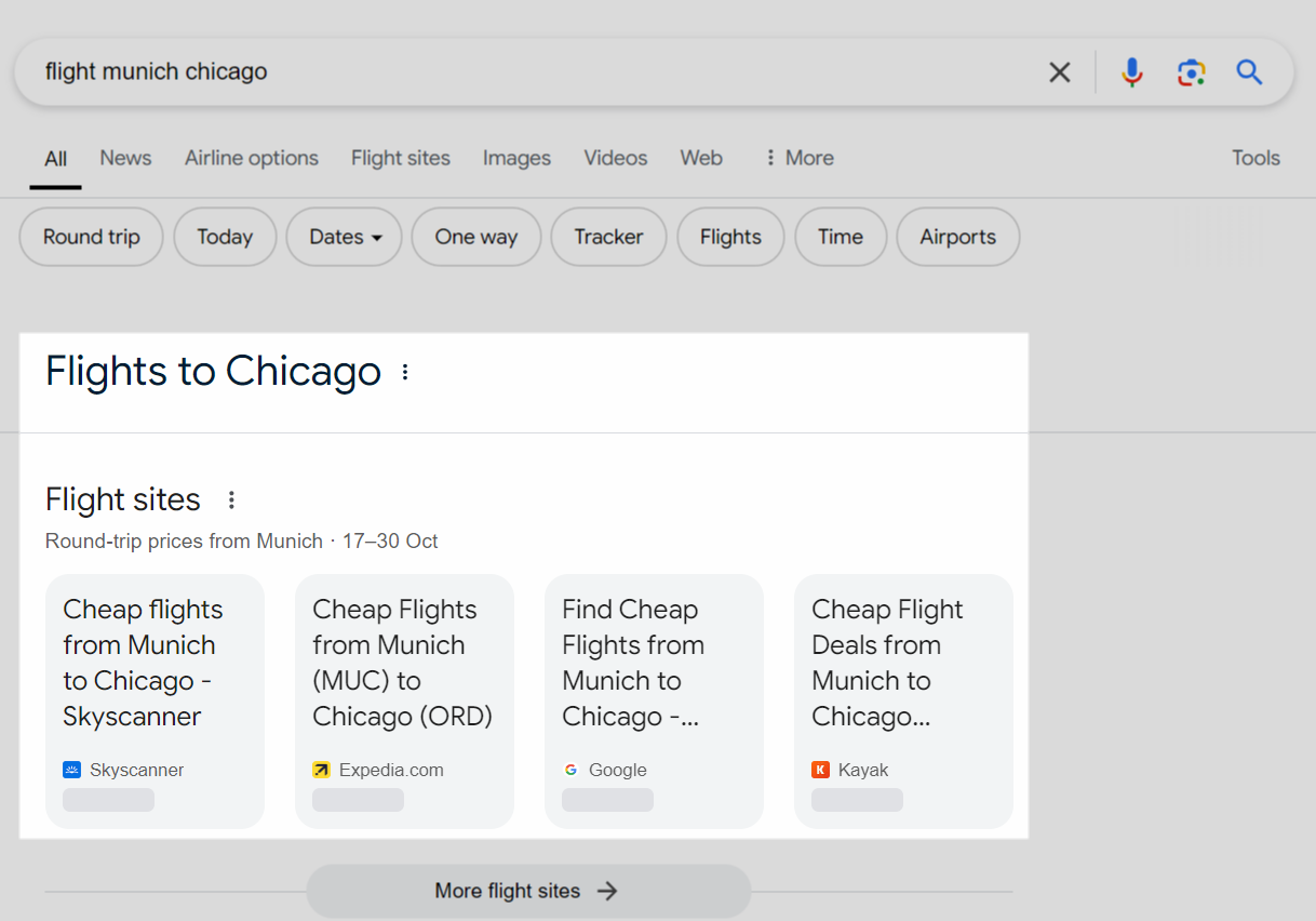 In the EU, Google shows “Flight sites” instead of its own flight search module