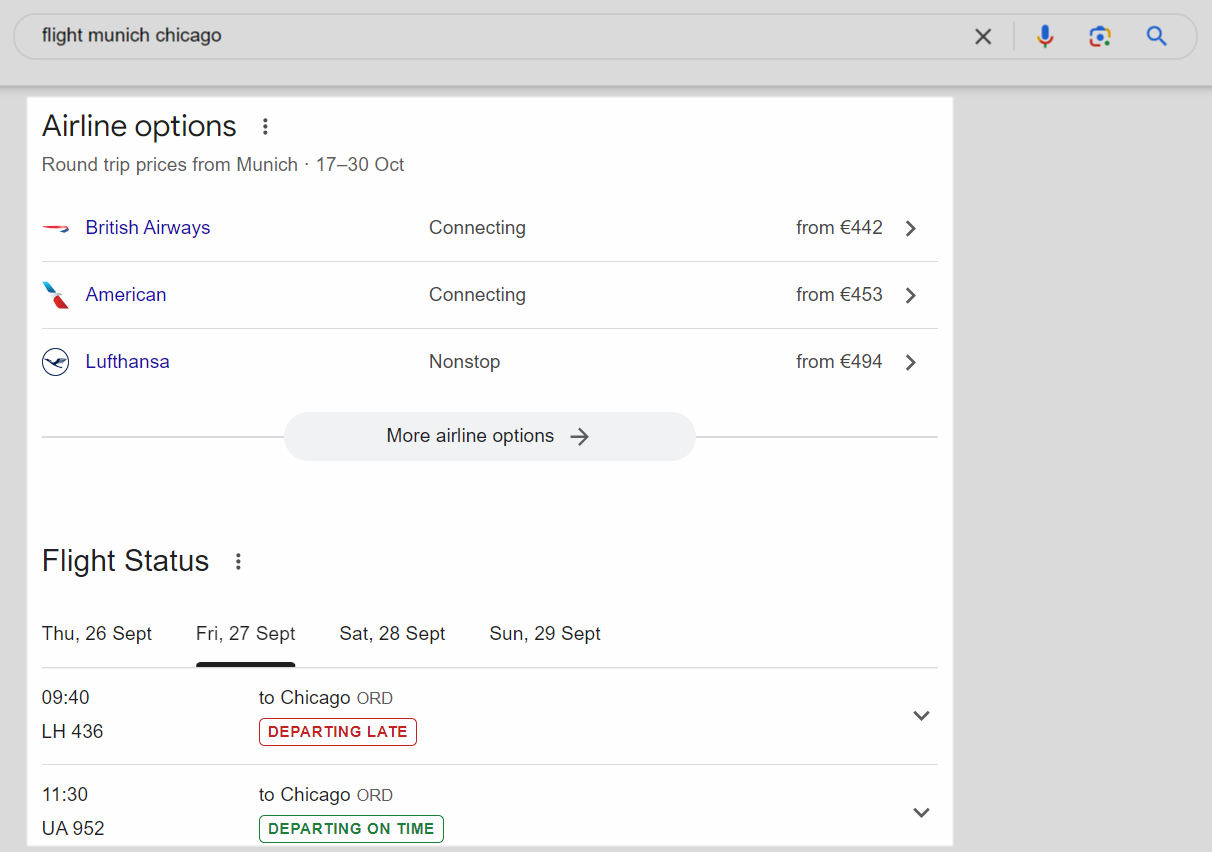 Further down the SERP, Google shows a selection of flights from different airlines