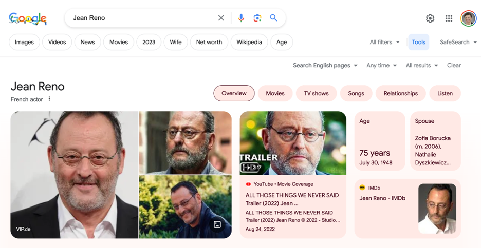 Figure 12.9: Search snippet for Jean Reno (Google and the Google logo are trademarks of Google LLC).