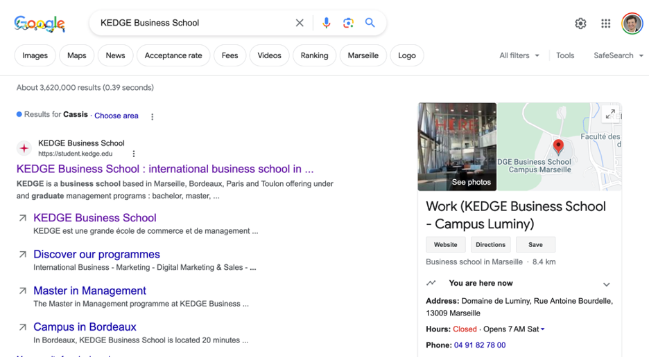 Figure 12.8: Google SERP for “KEDGE Business School” including a knowledge graph on the right-hand side of the page (Google and the Google logo are trademarks of Google LLC).