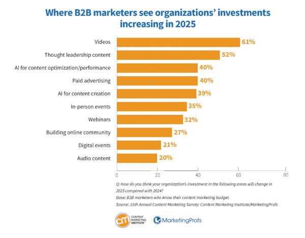 Where B2B marketers see organizations' investments increasing in 2025.