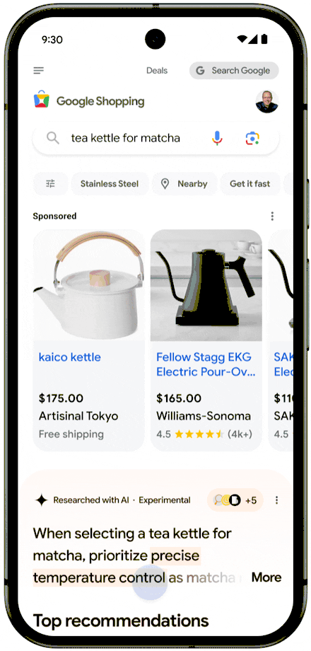 New AI shopping experience in Google on a mobile device.