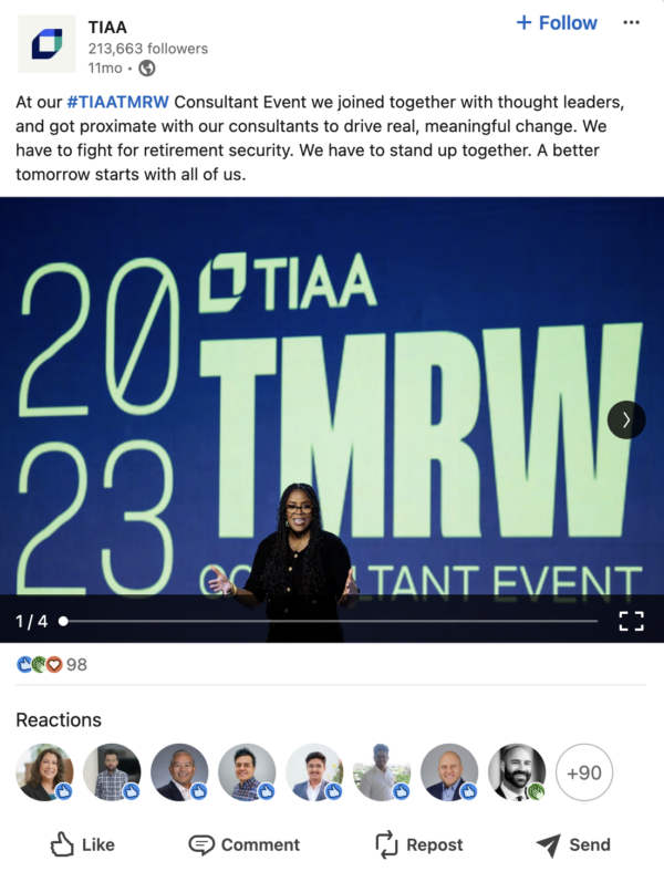 This LinkedIn post about the 2023 TIAA TMRW event shows a Black woman speaker on stage in front of the 2023 TMRW logo. 