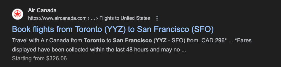 Google search for "cheap flights from Toronto to San Francisco"